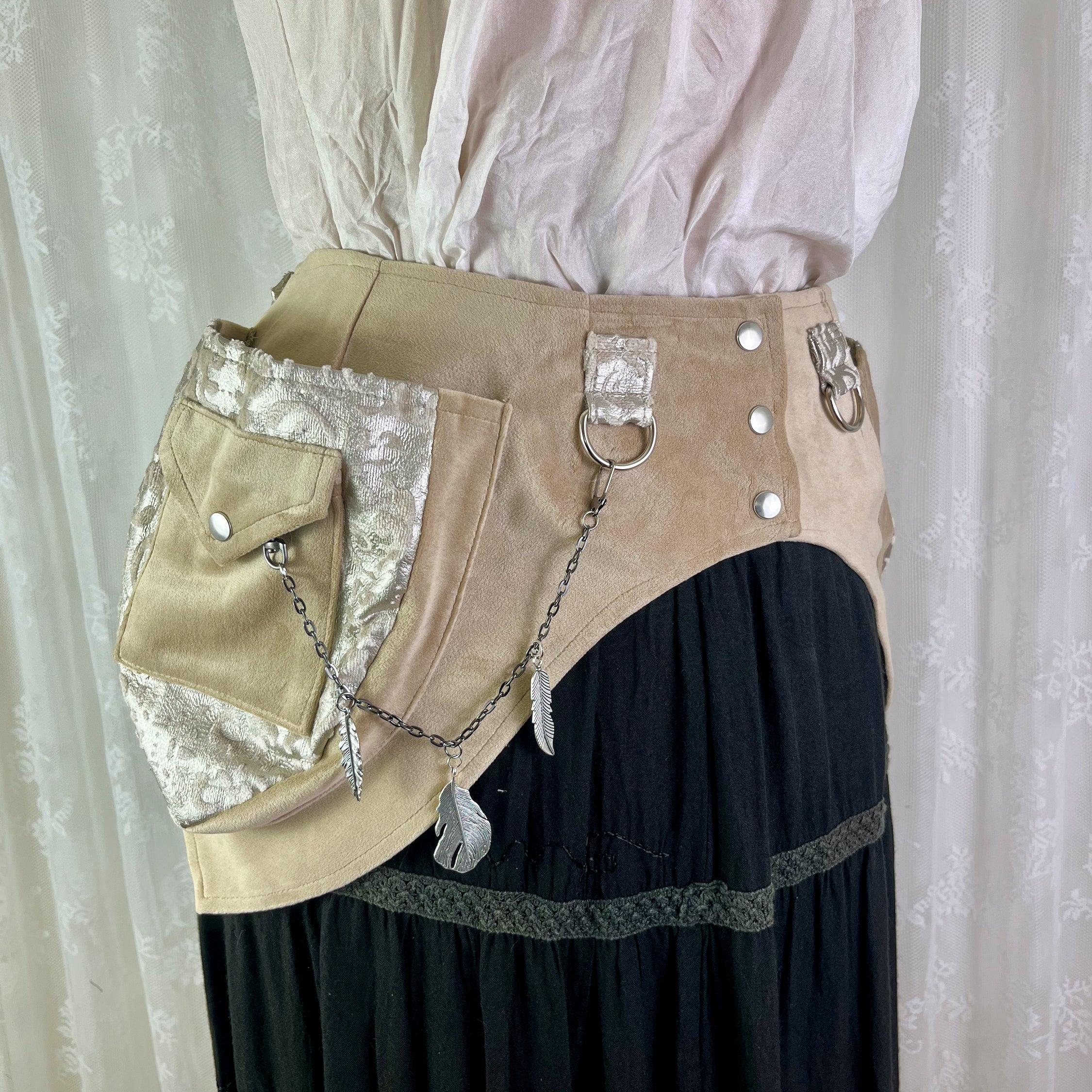 XS Beige pocket belt w chain bella velvet silver foil fancy fanny pack Extra Small